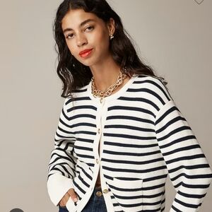NWT J. Crew Emilie Navy & White Striped Crew Neck Lady Sweater Gold Buttons